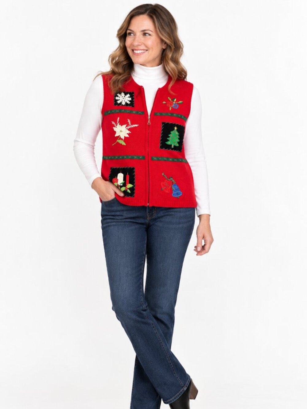 Crazy Horse Liz Claiborne PL Christmas Sweater Vest Red Zip Front Holiday